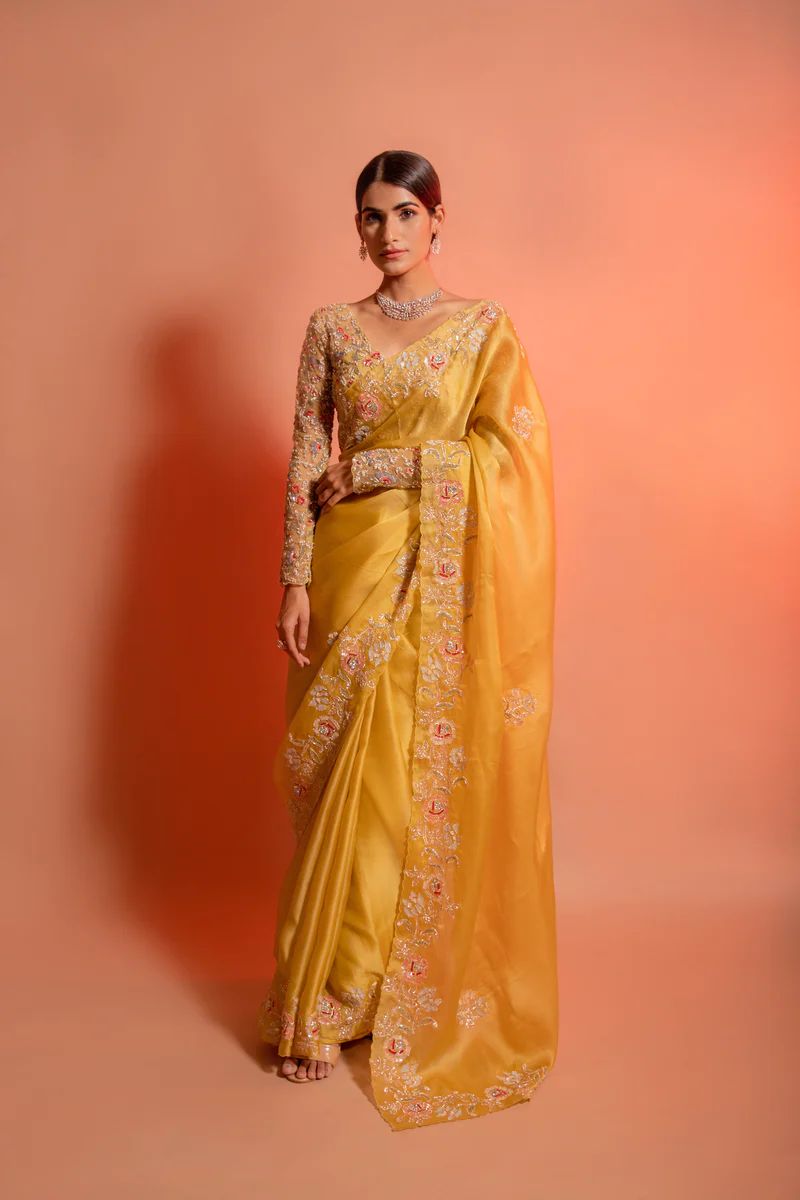 Yellow Color  Organza work saree