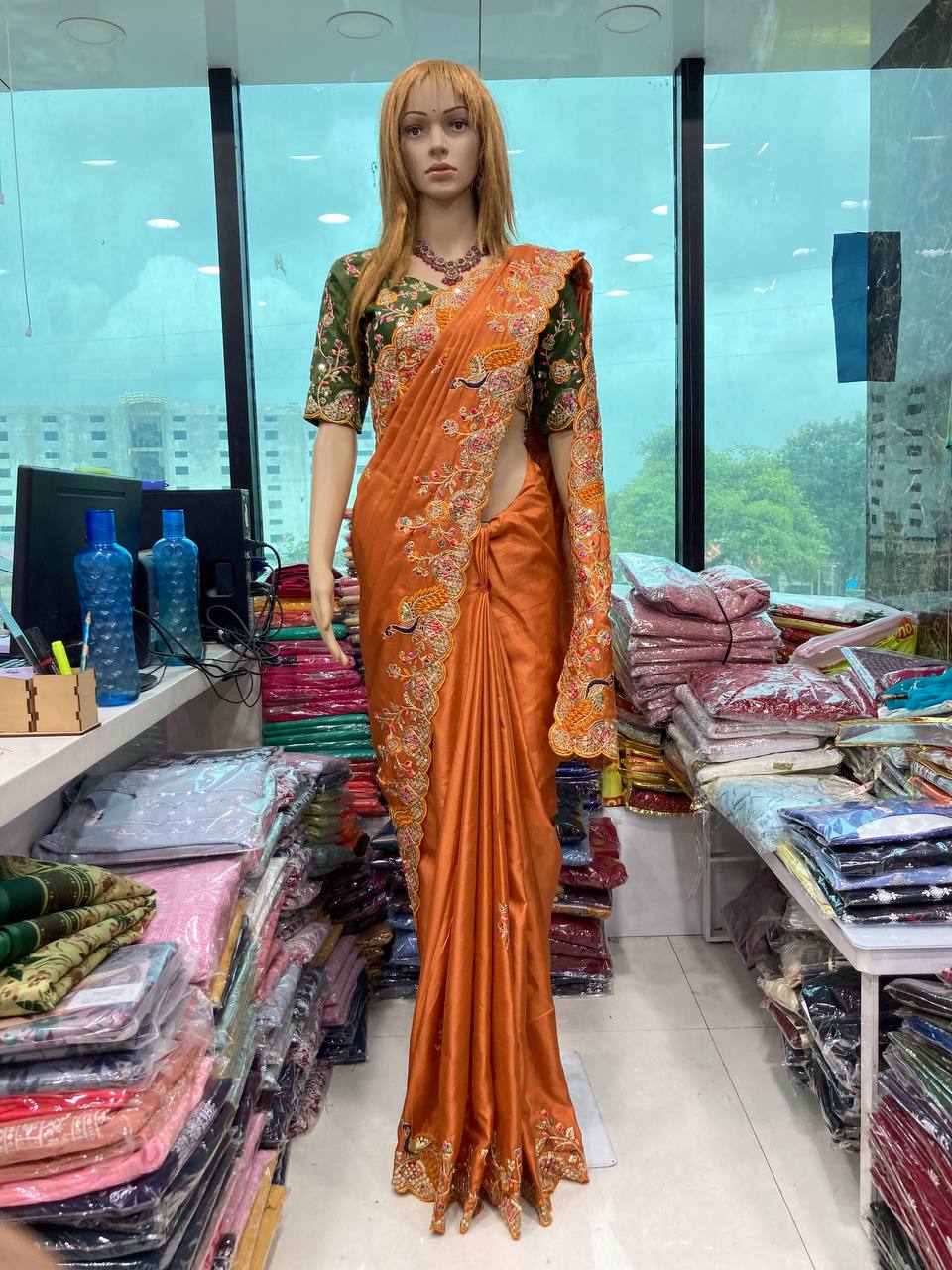 Coral Color Embroidery work saree