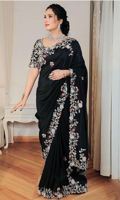 Black Georgette Embroidery work saree