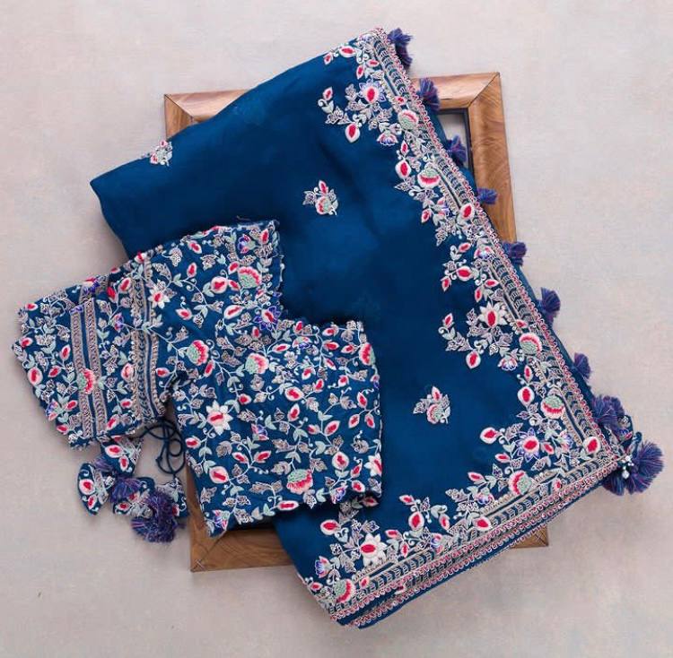 Blue color Embroidery Work Saree
