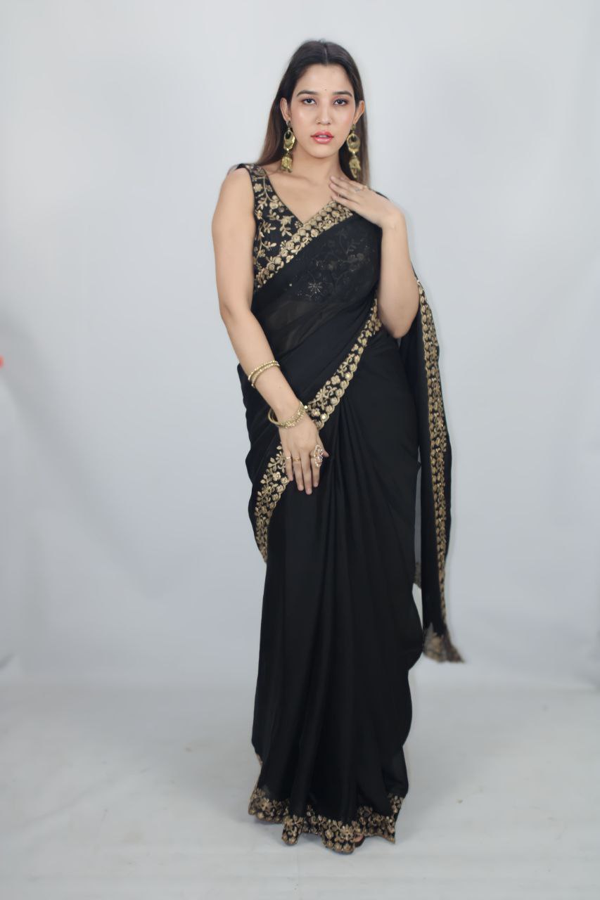 Black Color Embroidery Work Saree