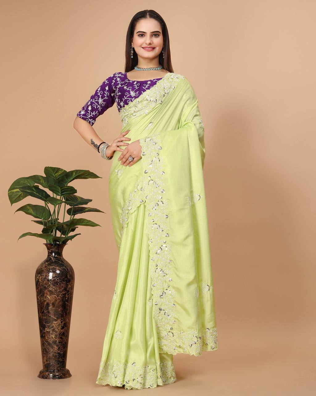 Lamon Green Dola silk Embroidery work saree