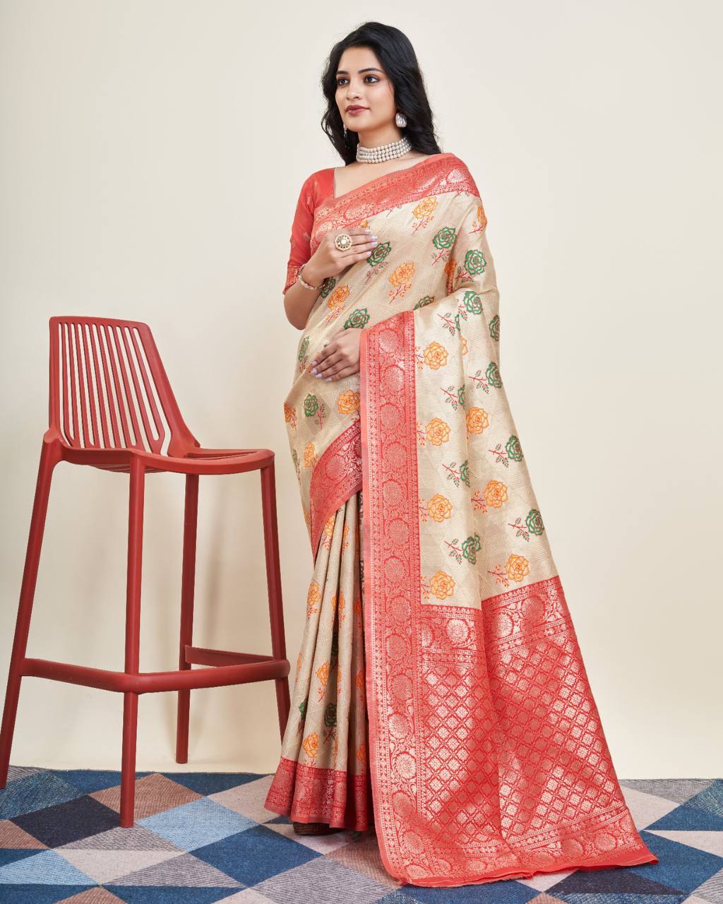 Cream Color Kanjivaram Silk Saree