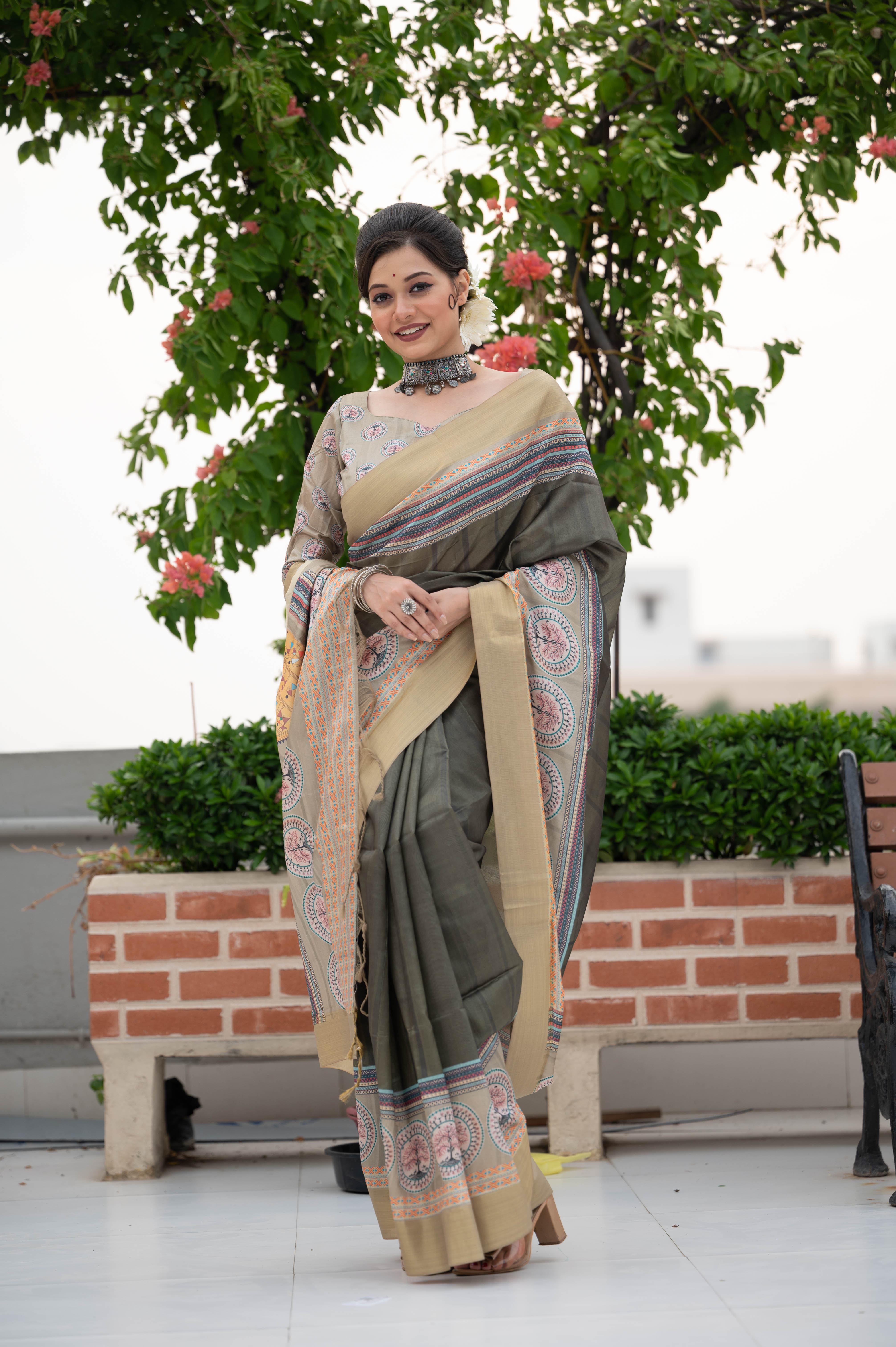 Gray Tussar Silk Printed Saree