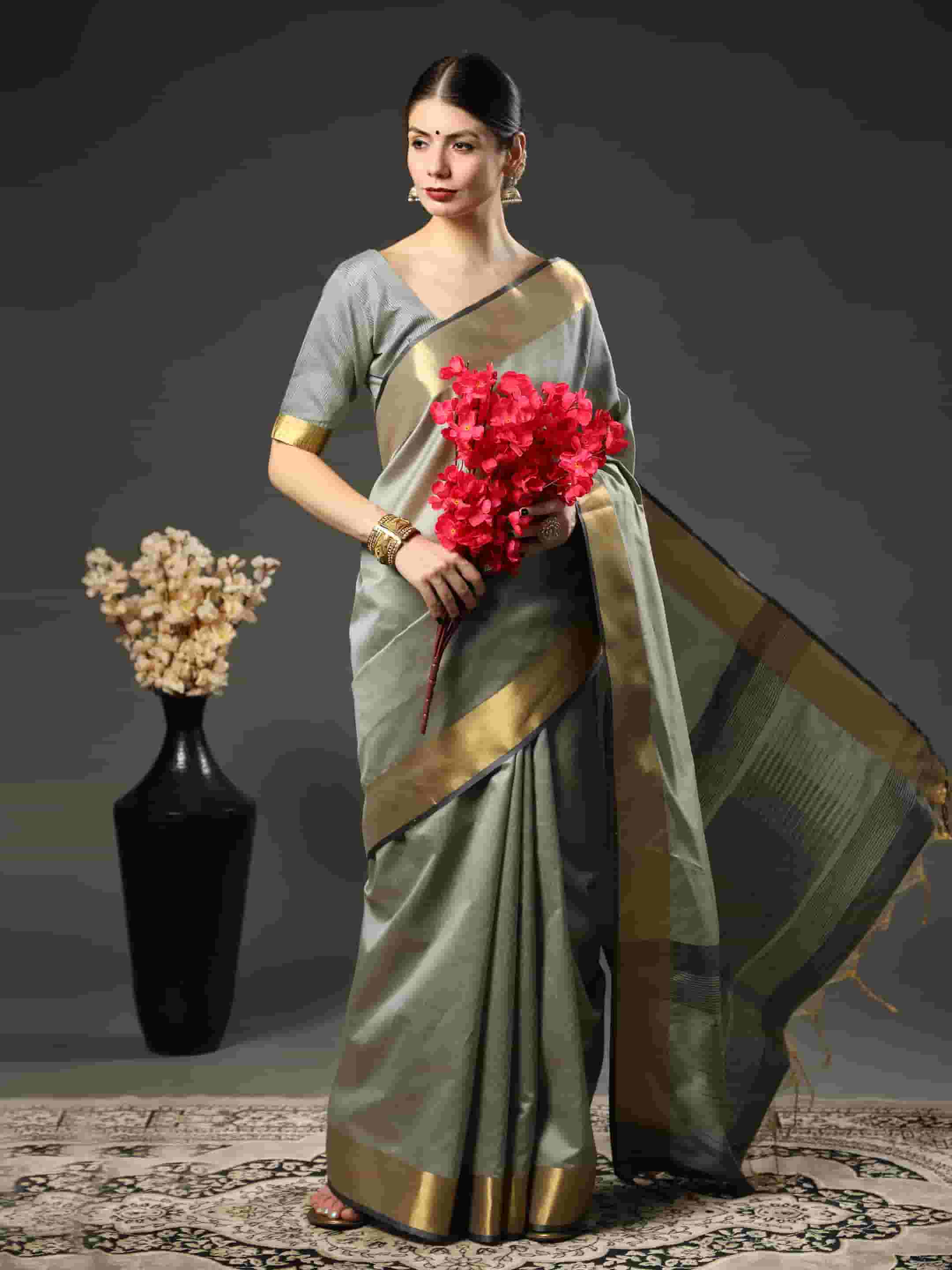 Gray Cotton Asam Silk saree