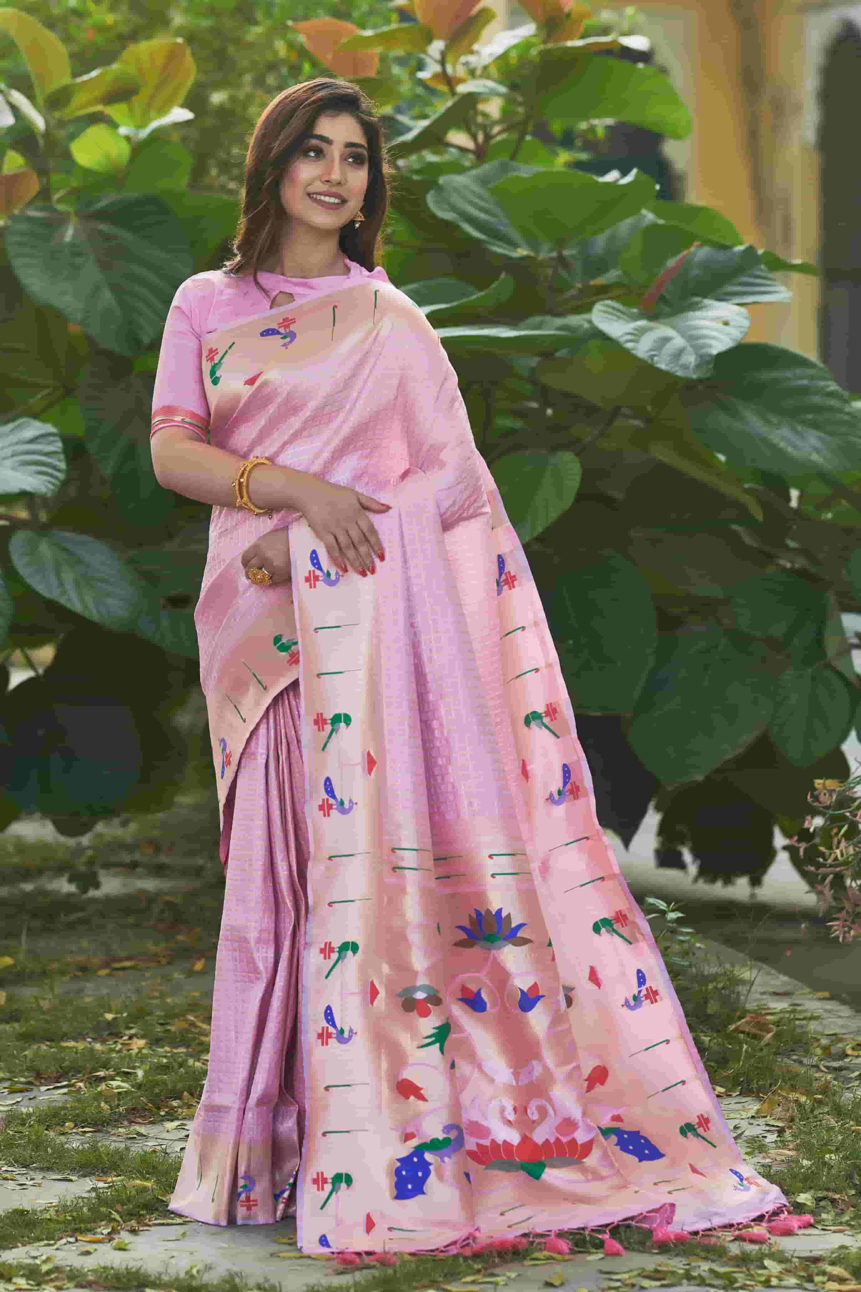 Baby Pink Checks Paithani Silk Saree