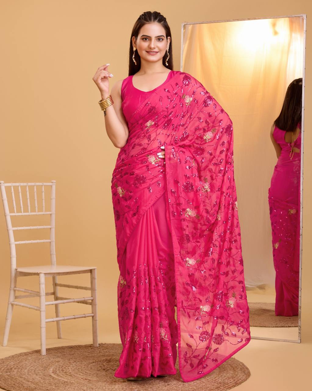 Pink Color Organza Silk Sequence Saree