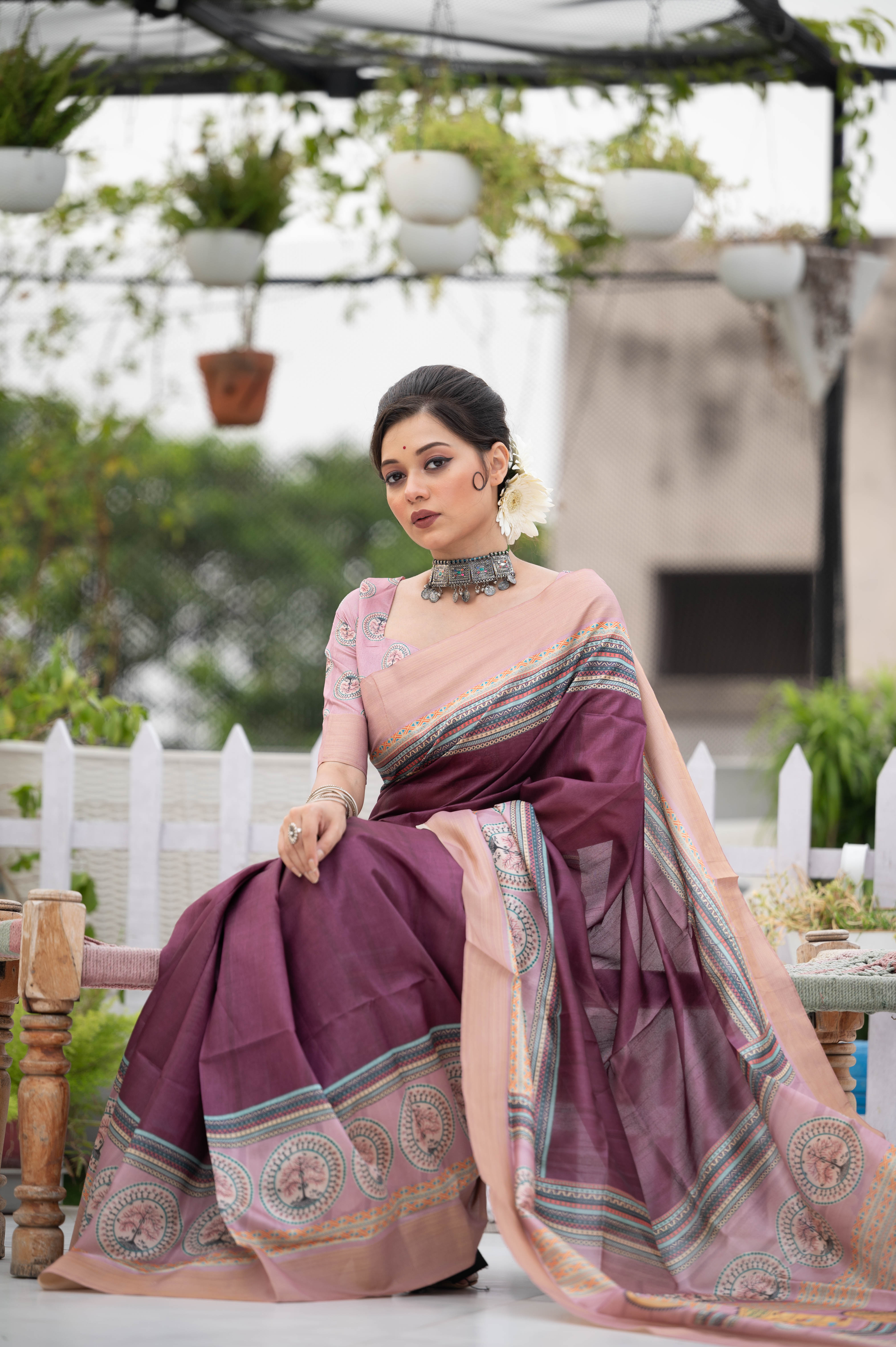 Wine TUssar Silk Printed Saree