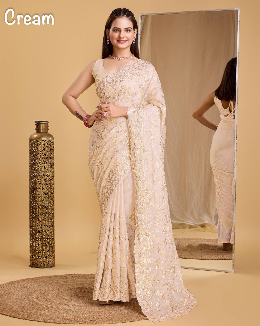 Cream Organza Sequence Saree