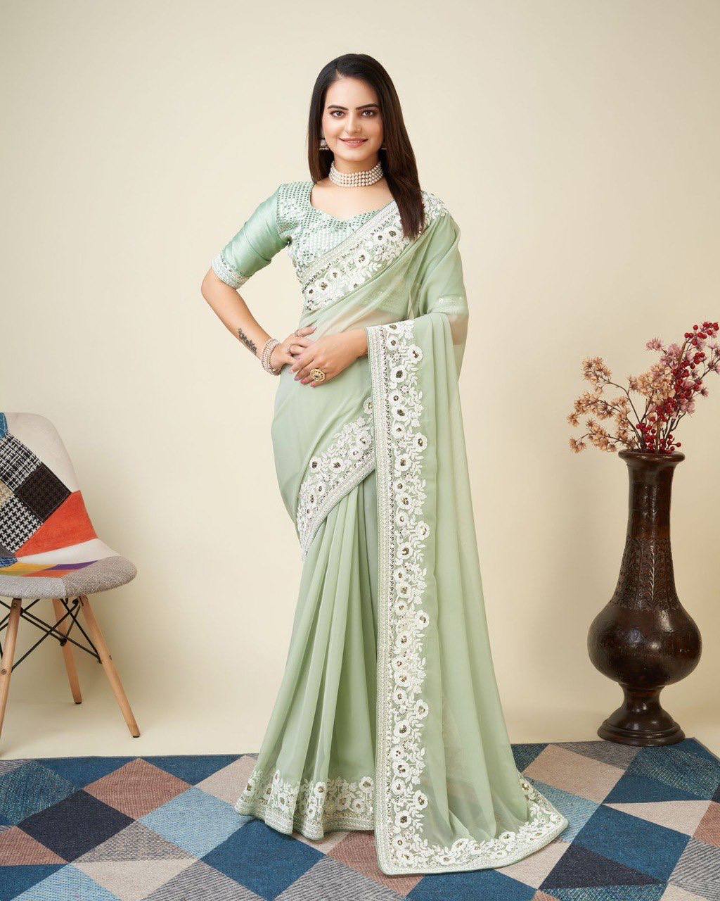 Pista Green Georgette Embroidery Work Saree