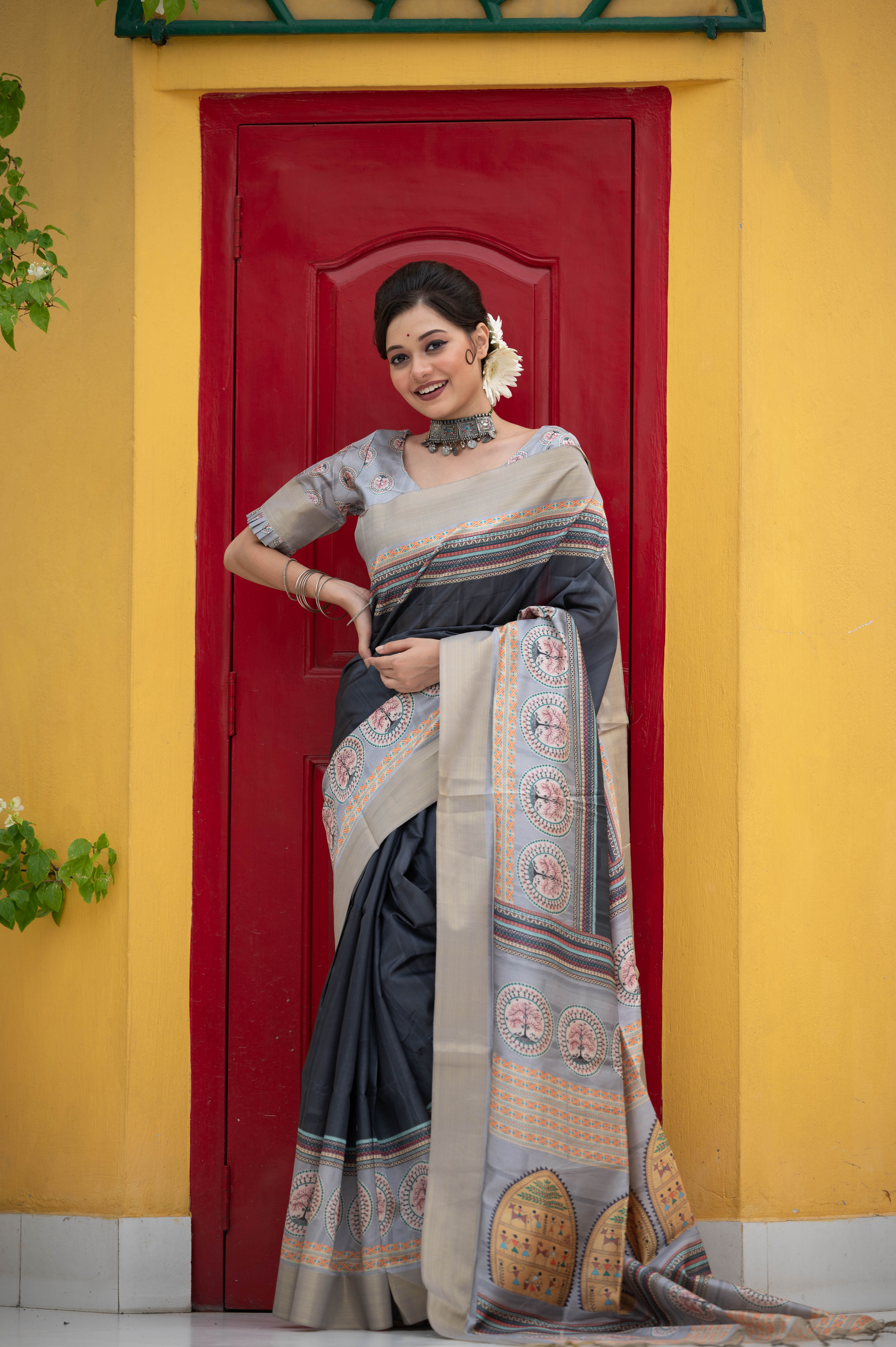 Navy Blue Tussar Silk Printed Saree