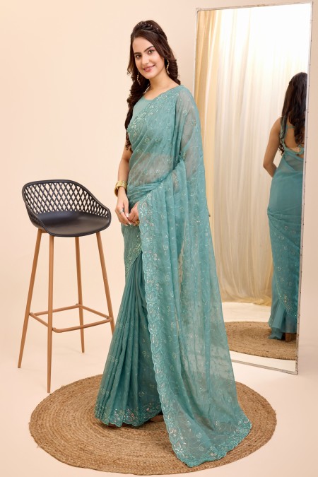 Rama color Organza sequence saree