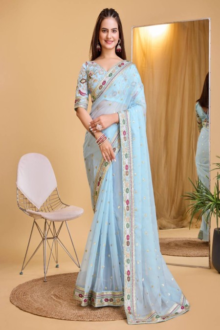 Rama Organza Silk Sequence Work saree