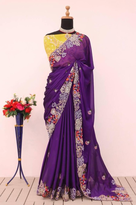 Purple  embroidery work Saree