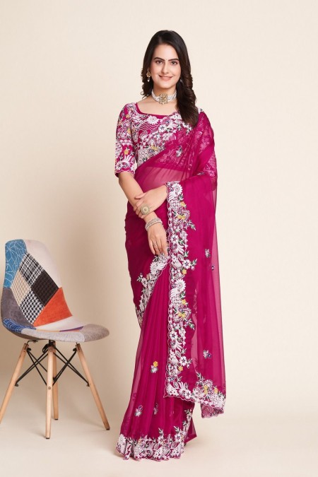 Pink Organza Embroidery Work Saree