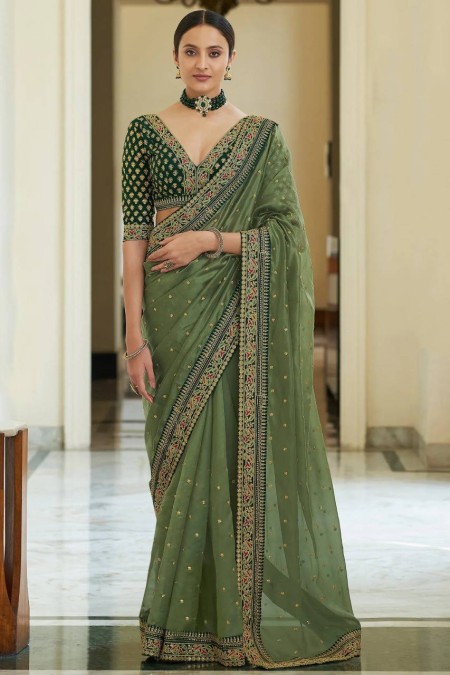 Pista green Organza embroidery work saree