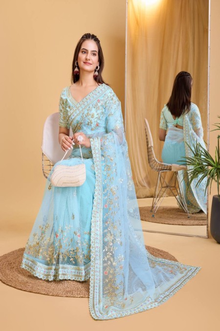 Rama color Soft net With Embroidery work saree