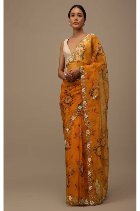 Mustard Color Organza Silk Saree With Embroidery Work
