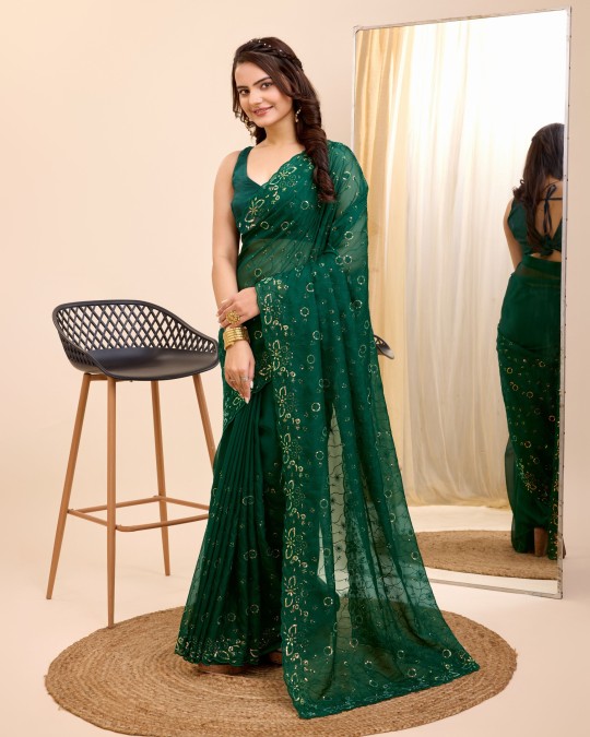 Green color organza  sequence work saree