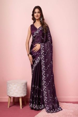 Purple Color Burberry Silk Embroidery Work Saree