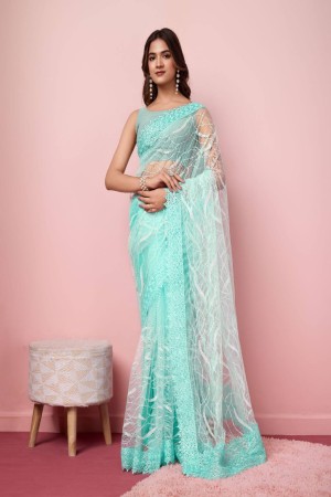 Rama Color Soft Net Embroidery Work Saree
