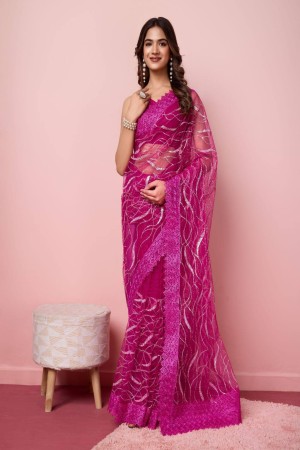 Purple Color Soft Net Embroidery Work Saree