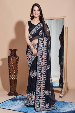 Black Georgette Embroidery Work Saree