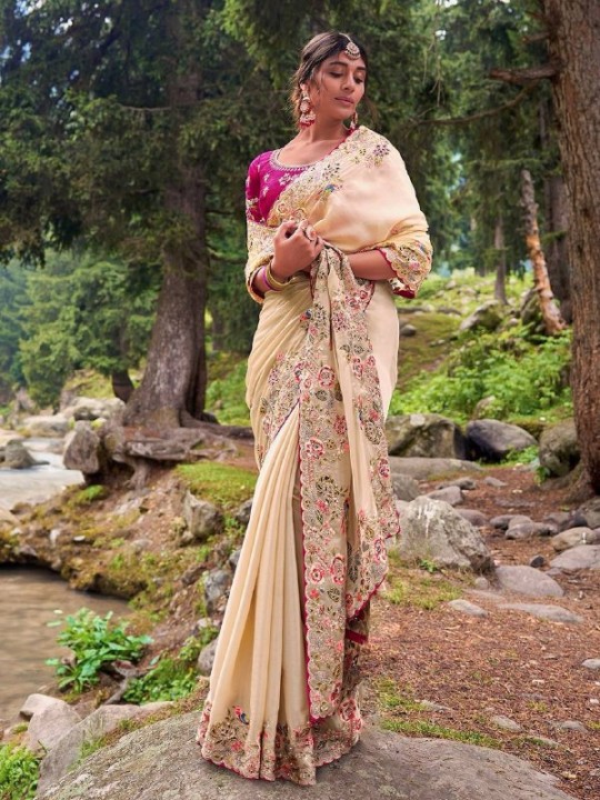 Cream Color Georgette Embroidery Work Saree