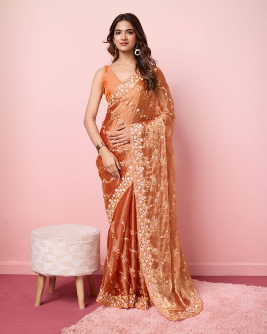 Orange Burberry Silk Embroidery Work Saree