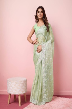 Pista Green Soft Burberry Embroidery Work Saree