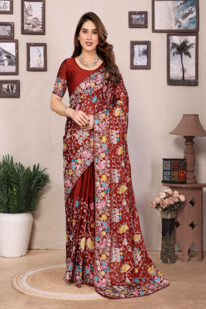 Red Color Multi color Thread Embroidery Work Saree