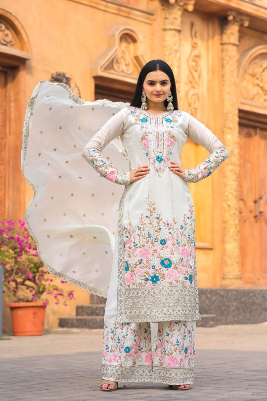Beautiful White Embroidery Work Top PLazzo Set