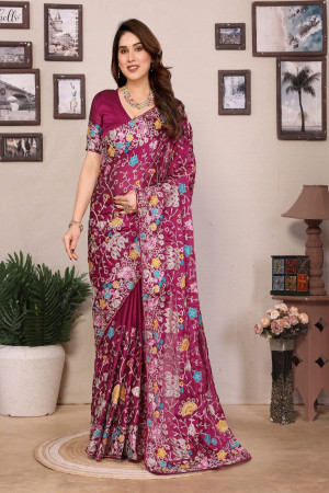 Pink color Multi Color thread Embroidery work Saree