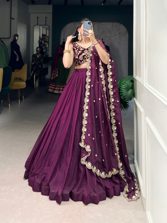 Wine Color Organza Silk Lehenga Choli Set