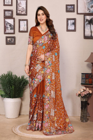 Orange Color Embroidery Work Saree