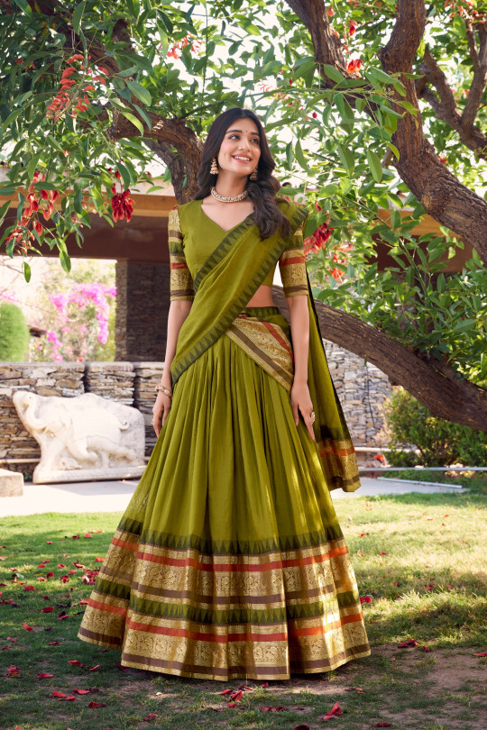 Mahendi Green Color Chandra And Zari Woven fabric