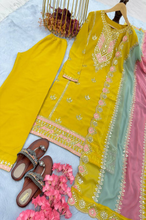Yellow Color Neck Embroidery Work Top Bottom With Dupatta