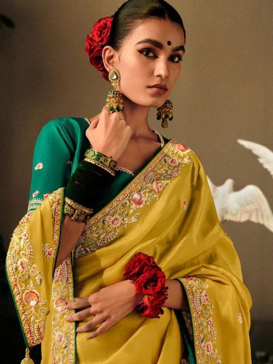 Lemon Yellow Color Wedding Wear Chinon Embroidery Work Saree - Gallery Image 3