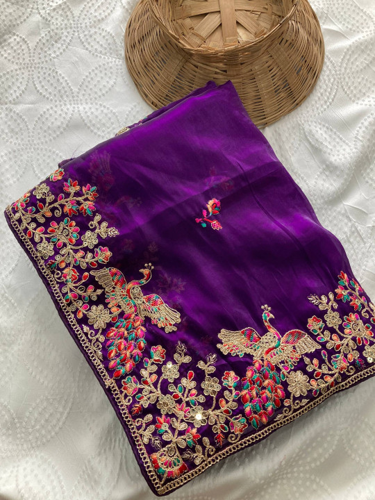 Purple Color Party Wear Embroidery Work Saree - Gallery Image 2
