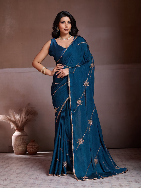 Rama Colour Party Wear Crush Silk Saree