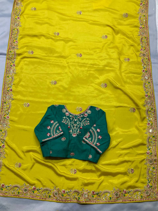 Lemon Yellow Color Wedding Wear Chinon Embroidery Work Saree - Gallery Image 2