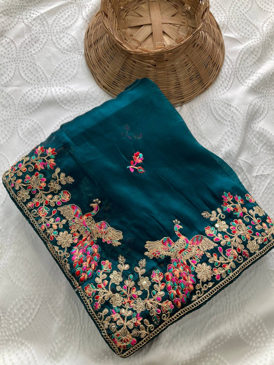 Rama Color Party Wear Embroidery Work Saree - Gallery Image 2