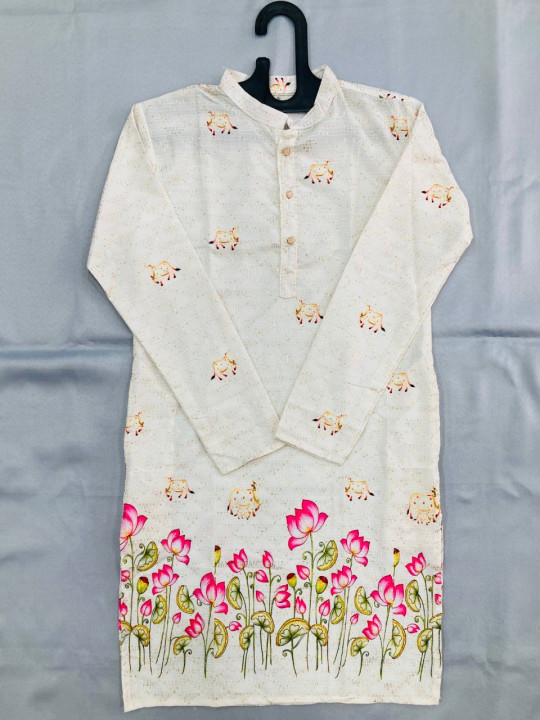 White Color Traditional Men’s Kurta crafted from premium cotton fabric with elegant digital crochet design. Comfortable, breathable, and perfect for traditional wear. - Gallery Image 3