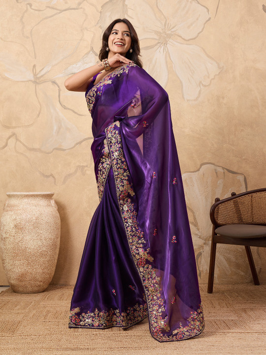 Purple Color Party Wear Embroidery Work Saree - Gallery Image 3